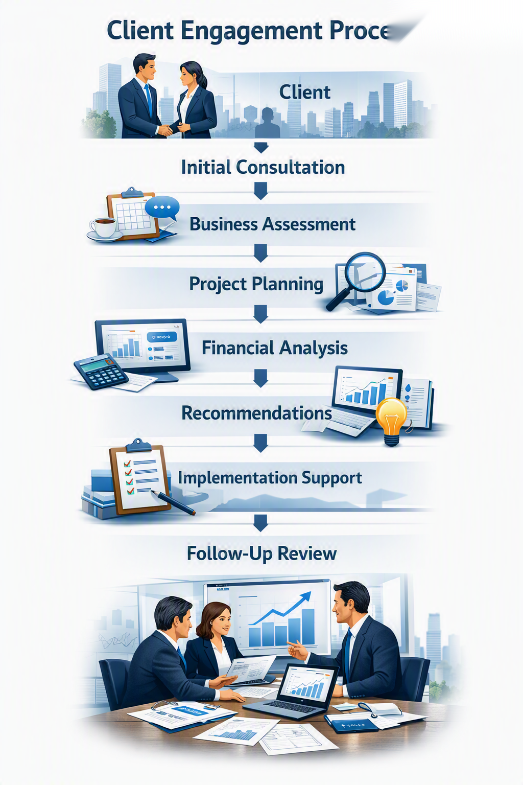 Client engagement process from initial consultation through business assessment, planning, analysis, recommendations, implementation support, and follow-up review
