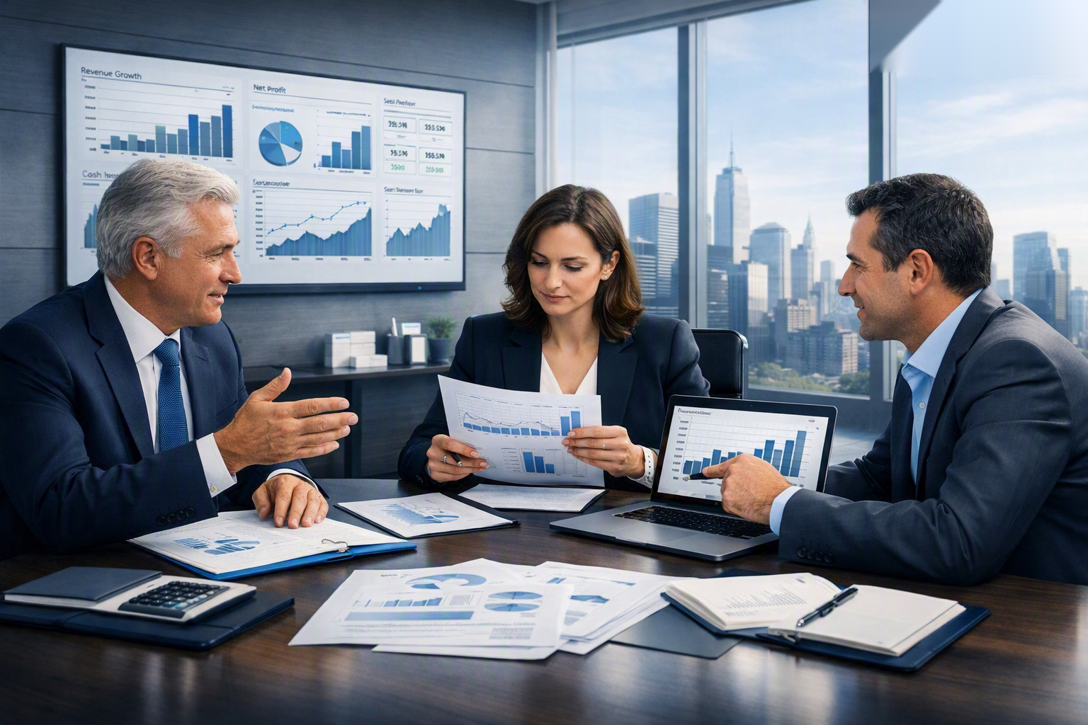 Executives reviewing financial reports and dashboards during a strategic business discussion